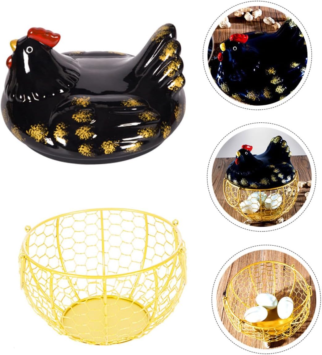 Rustic Metal Egg Basket with Black Iron Lid and Golden Wire Frame, Multifunctional Kitchen Food Storage Basket for Eggs and Fruit, Farmhouse Style Desktop Organizer for Home Use