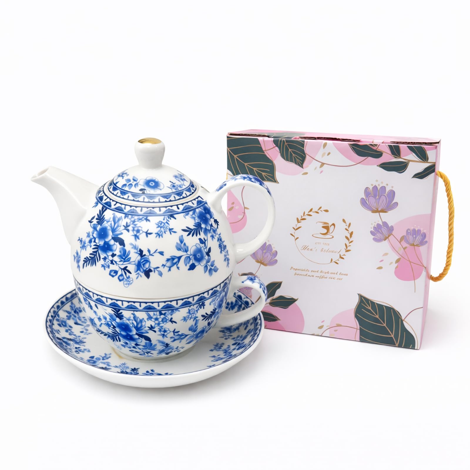 Porcelain Tea for One Set Beautiful Flower Ceramic Teapot with Cup Gifted Box (Blue and White)