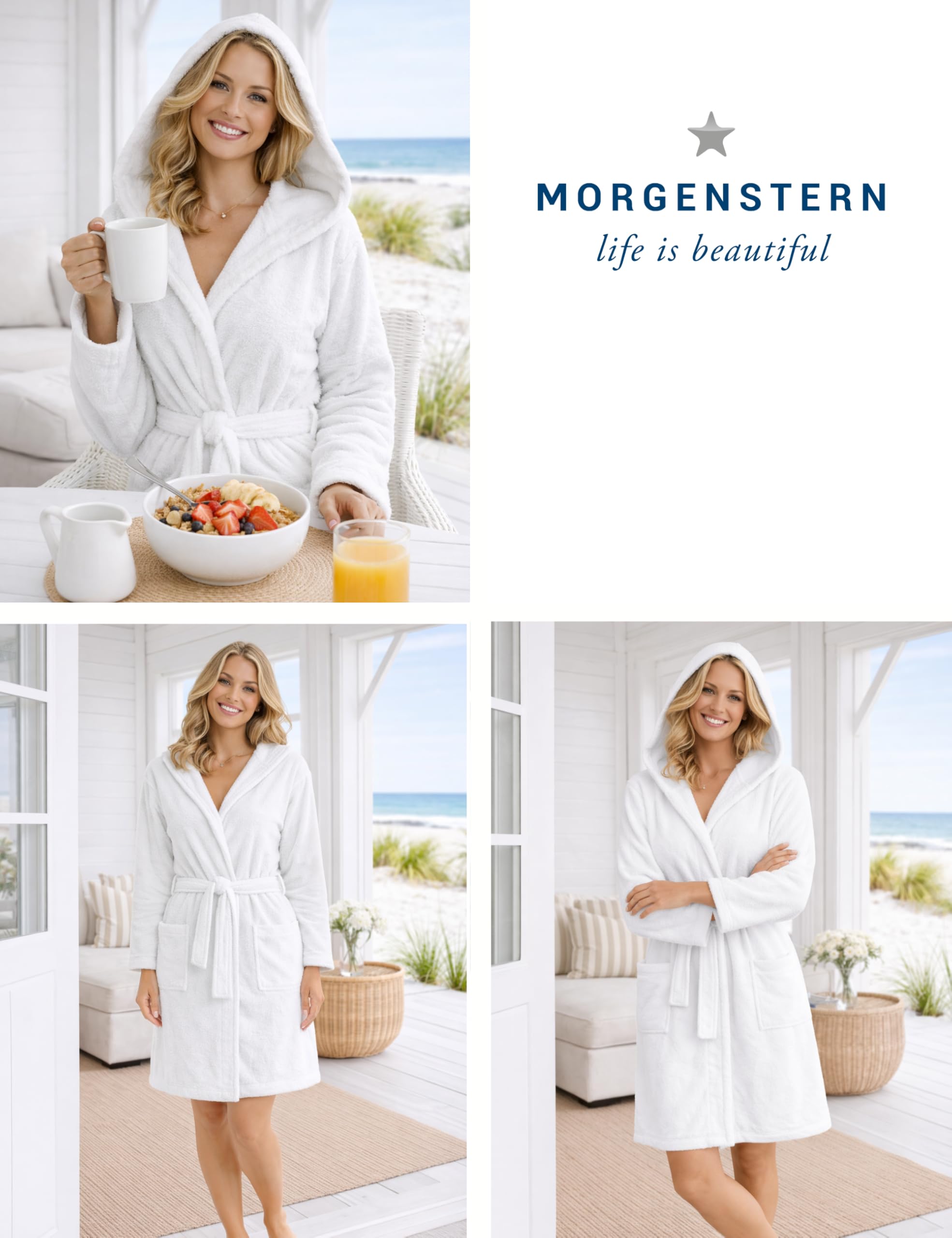 Morgenstern Bademantel Damen Leicht-Frottee Dünn 100% Baumwolle Kurz mit Kapuze Oeko-Tex-Standard
