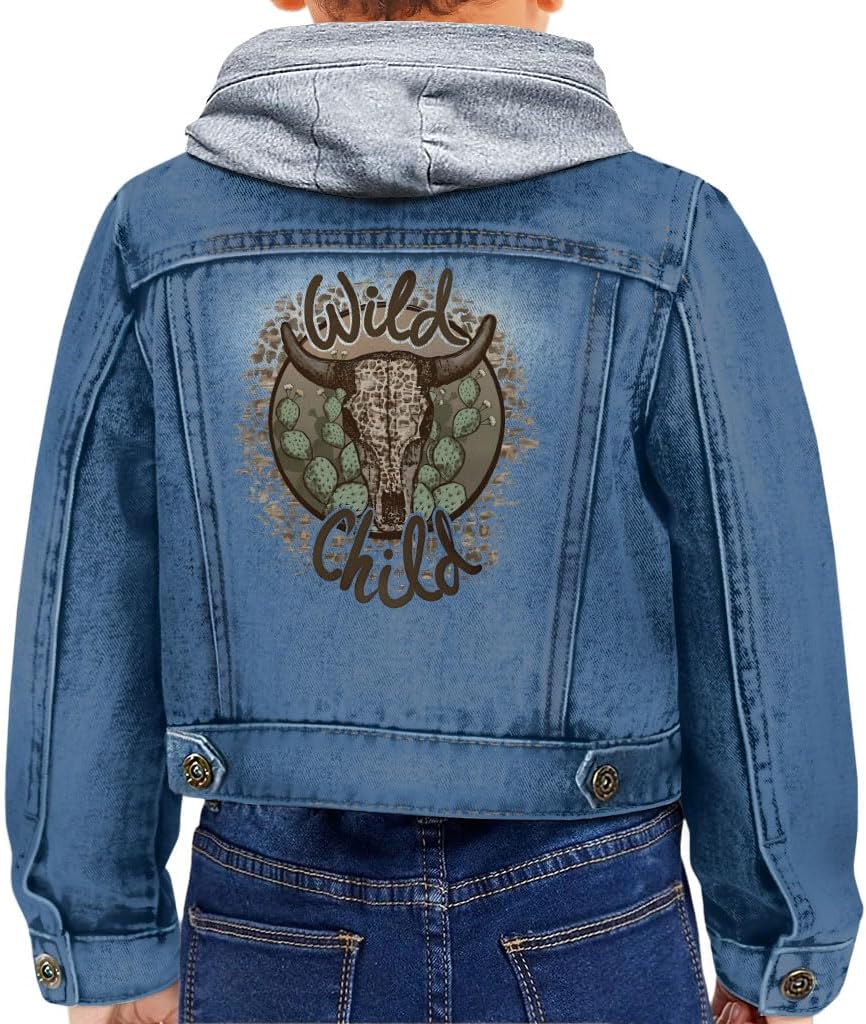Wild Child Toddler Hooded Denim Jacket - Bull Rider Apparel - Western Clothing - Denim with Gray, 2-3T