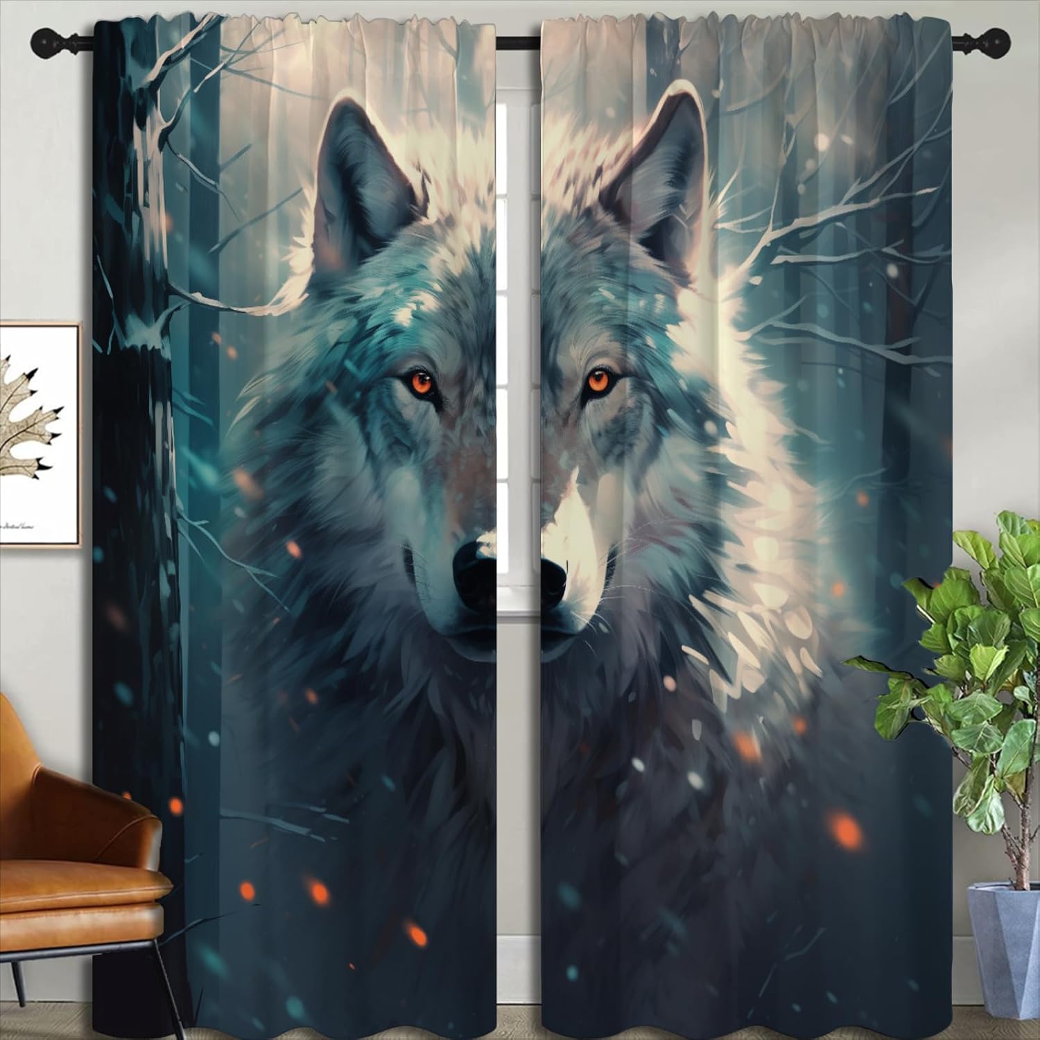 Snow Wolf Blackout Curtains for Boys Girl Bedroom Home Decor, Winter Wild Animal Abstract Art Thermal Insulated Rod Pocket Darkening Living Room Window Drapes, 72 x 63 inch
