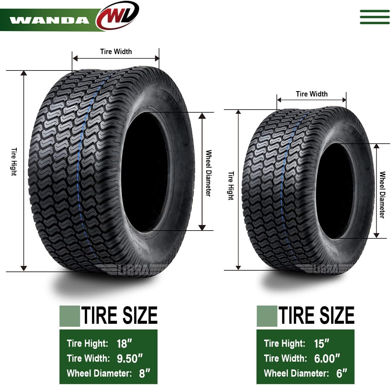 WANDA Set 4 Lawn Mower Turf Tires 15x6-6 Front & 18x9.5-8 Rear /4PR -13016/13032