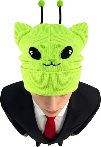 Alien Cat Ears Beanie, Green Alien Accessories Cute Hats for Costume | One Size Fits Most| 3D Cat Ear Shape| Comfortable| Funny Meme Gifts| Elasticity & Breathable