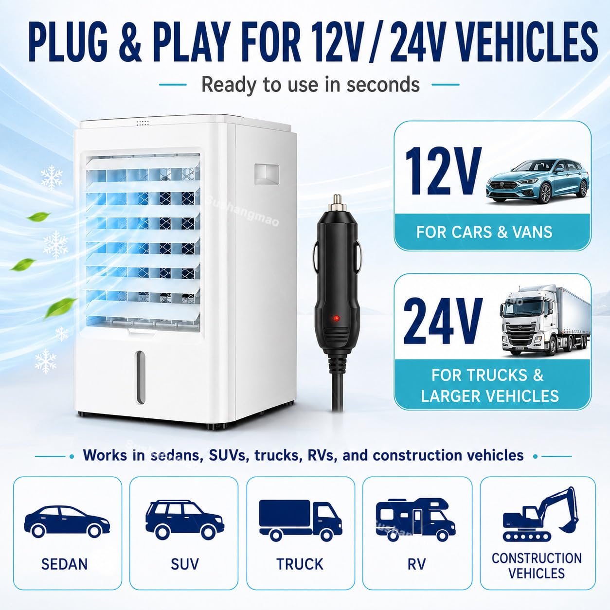 Raffrescatore d’Aria Portatile 4 in 1 per Auto, Raffrescatore Evaporativo 12V/24V con Serbatoio da 4L, 3 velocità, Telecomando, Timer, Ventilatore Oscillante per Camper 12V