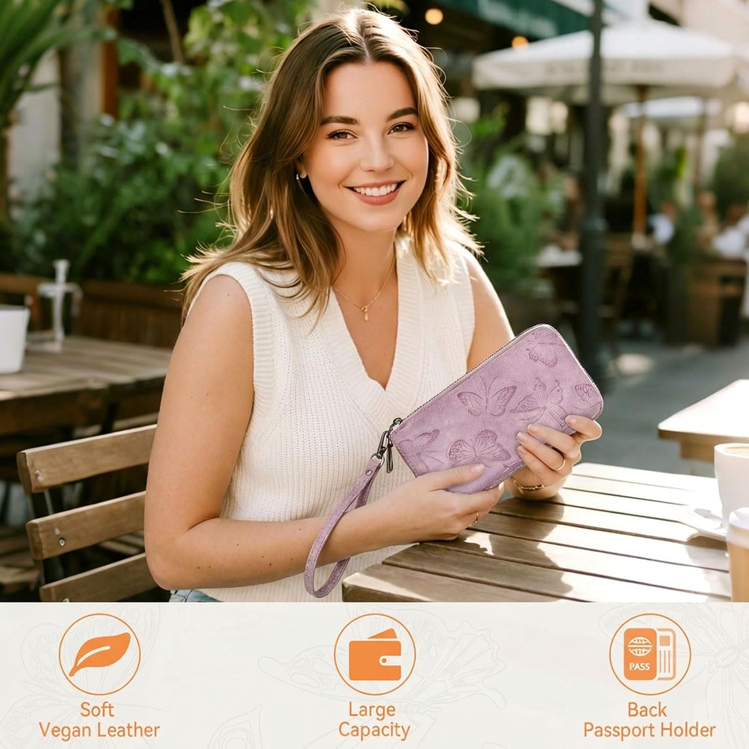 BELTANA Womens Wallet RFID Wallet Women with Passport Holder Butterfly Vegan Leather Multi Card Slots Wallets Large Capacity Wristlet Travel Purse for Women (Purple)