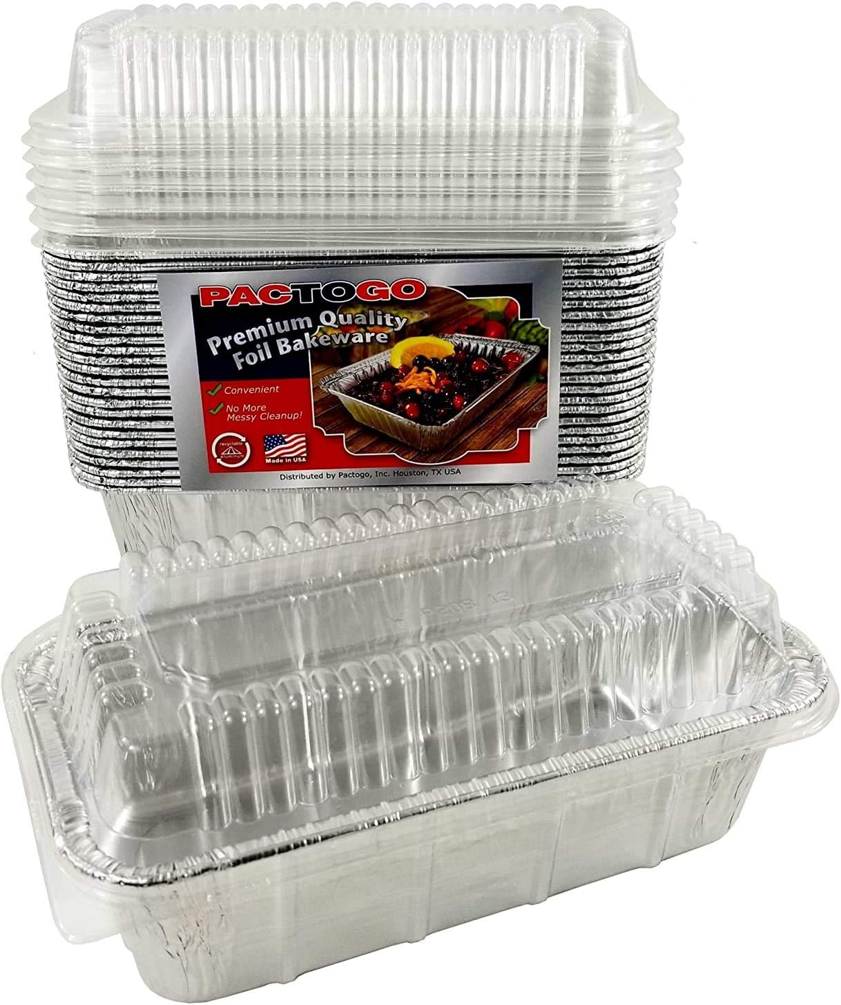 PACTOGO Loaf Pans - Disposable Aluminum Foil 1 1/2 lb. Bread Tins 8.5" X 4.5" X 2.3" with Clear Plastic Dome Lids (Pack of 50 Sets)