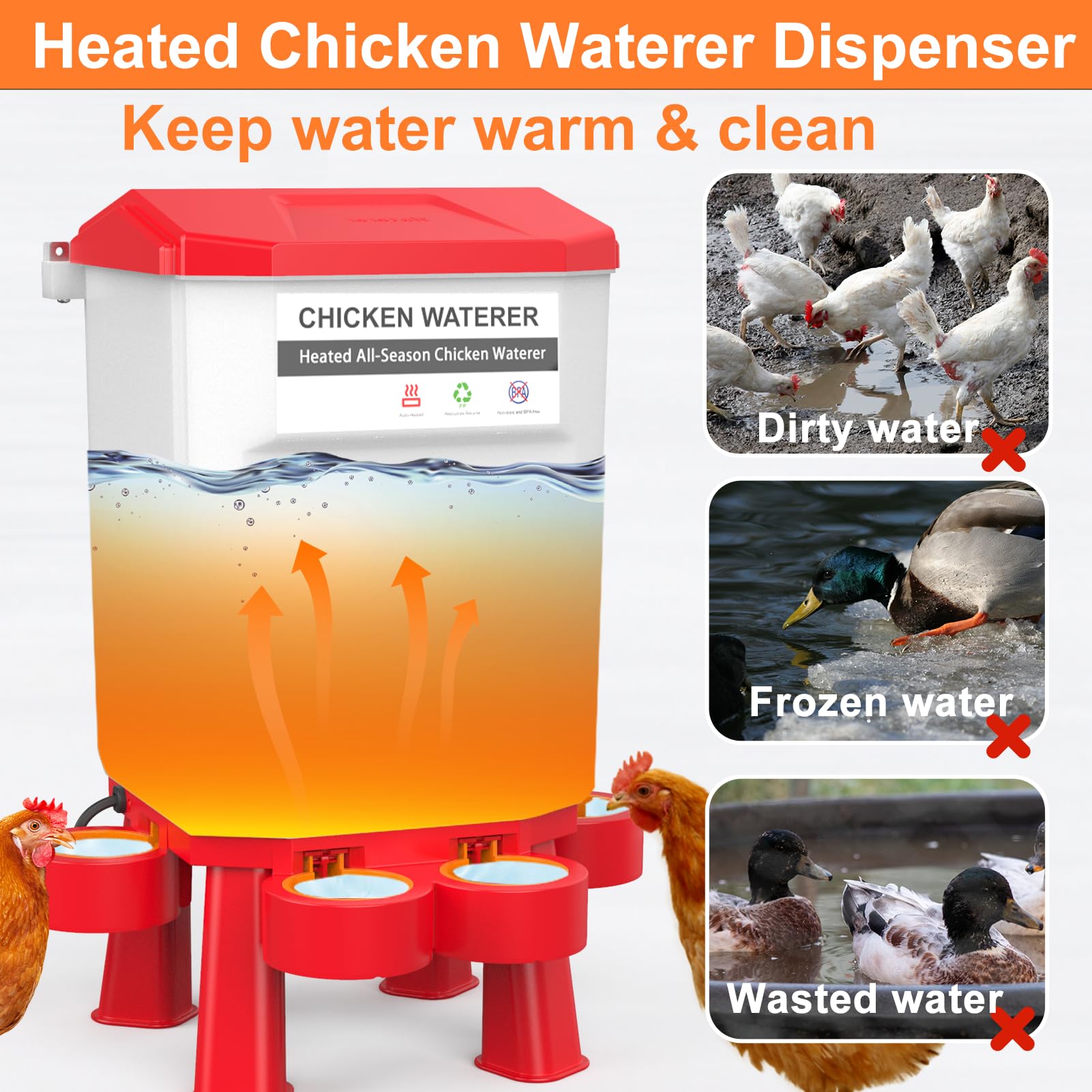 Bebedero de pollo calentado, calentador de agua de plástico para pollo, bebedor de aves de corral con 4 tazas, calentador de agua para aves de corral para pollos, patos, gansos, rojo oscuro, 11 L