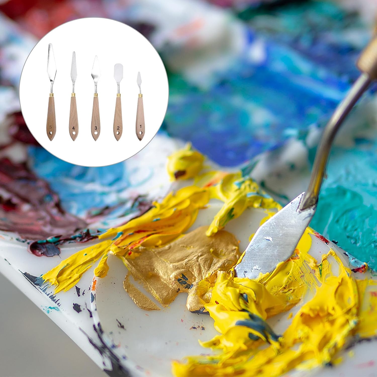 Zerodeko Oil Painting Spatula Set 5pcs Pigment Scraper with Beech Wood Handles, Palette Knives for Artists, Mixing and Applying Oil Paint on Canvas