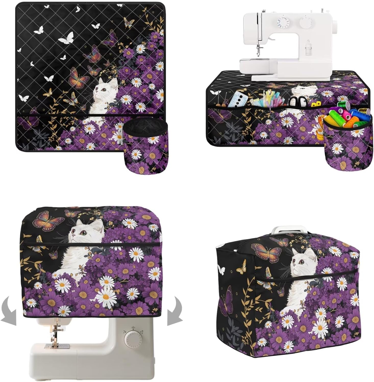 Sarogrorin Purple Flowers White Cat 2 Pieces Sewing Machine Dust Cover and Sewing Machine Pad with Sewing Essentials Pockets Machine Washable Universal Fit Butterflies Patterns