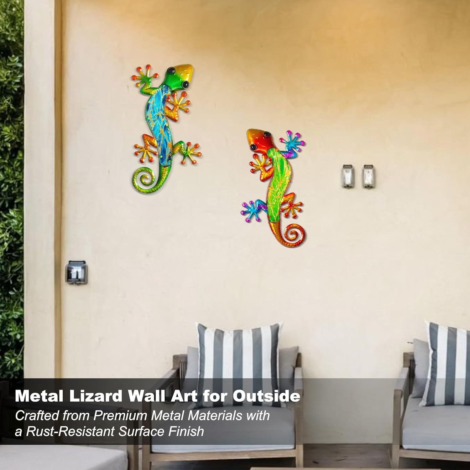 POXOHO Metal Lizard Wall Art Decor - 15 Inch Gecko Outdoor Decor Hanging Glass Sculpture Decoration for Patio Garden Fence(2 Pack)