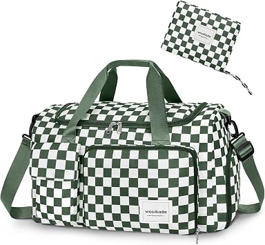 WOOMADA Foldable Travel Duffel Bag for Women, Weekender Bags with Shoes Compartment,Overnight Bag with Wet Pocket & Trolley Sleevegreen checkerboard