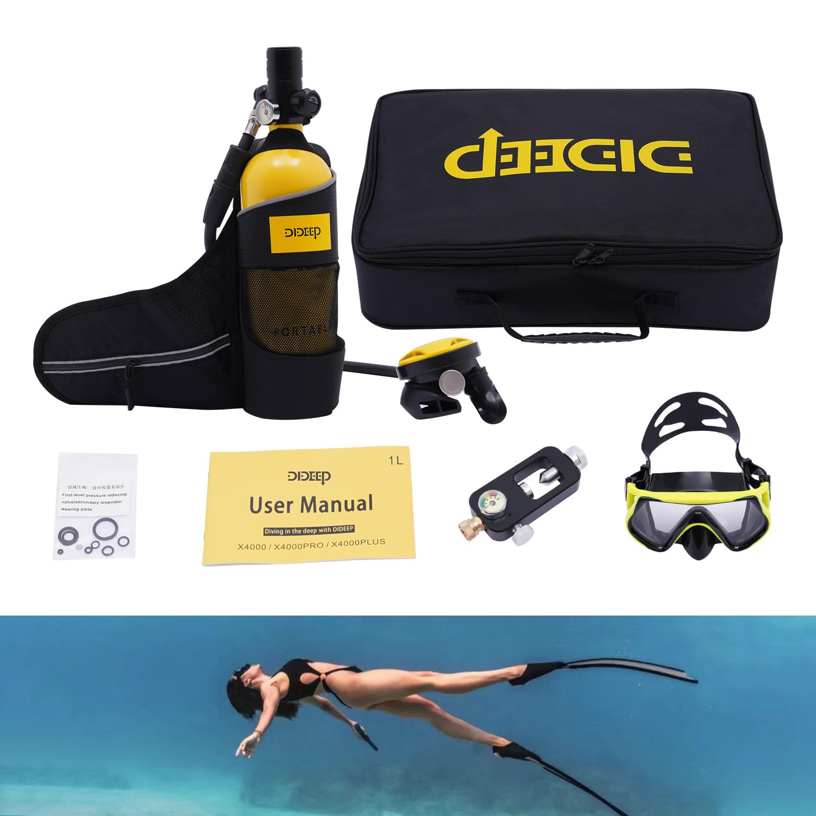 RocoReny 1L Scuba Diving Tank, 1L Mini Scuba Tank Refillable Oxygen Cylinder with Carrying Strap ? Diving Glasses?Mini Handbag, Refill Adapter?Underwater Breath Device Portable Diving Gear ?Yellow