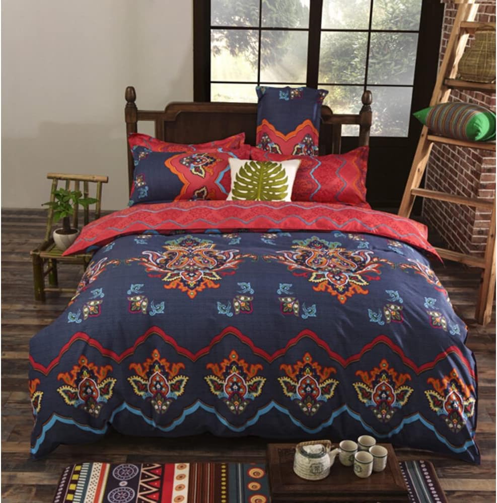 Double Duvet Cover Set - 3Pcs Vintage Ethnic Style Duvet Cover Double Bed, Soft Quilt Cover for Teens Boys Girls Adult, Exotic Bedding Set (Double Size, Navy)