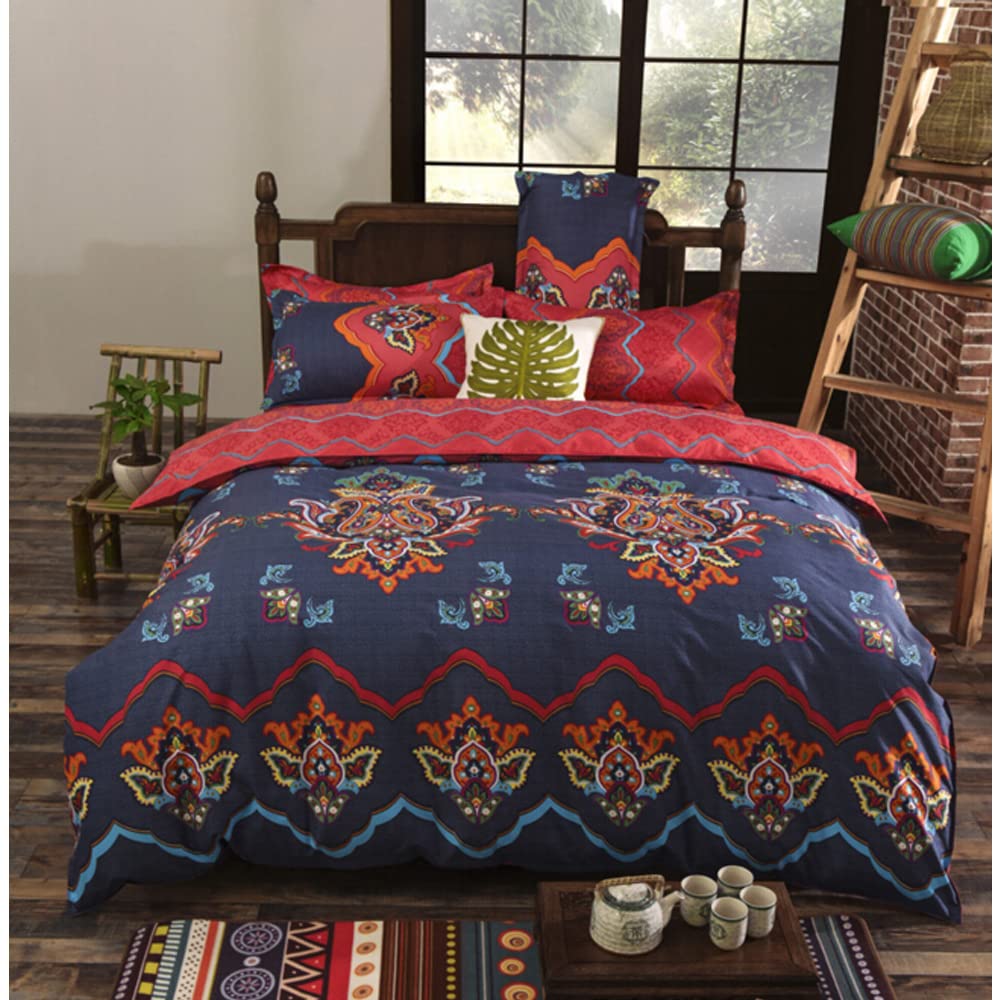Double Duvet Cover Set - 3Pcs Vintage Ethnic Style Duvet Cover Double Bed, Soft Quilt Cover for Teens Boys Girls Adult, Exotic Bedding Set (Double Size, Navy)