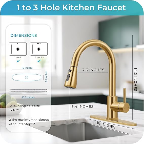 Brushed Gold Kitchen Faucet with Pull Down Sprayer and Deck Plate