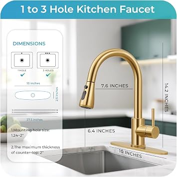 Brushed Gold Kitchen Faucet with Pull Down Sprayer and Deck Plate