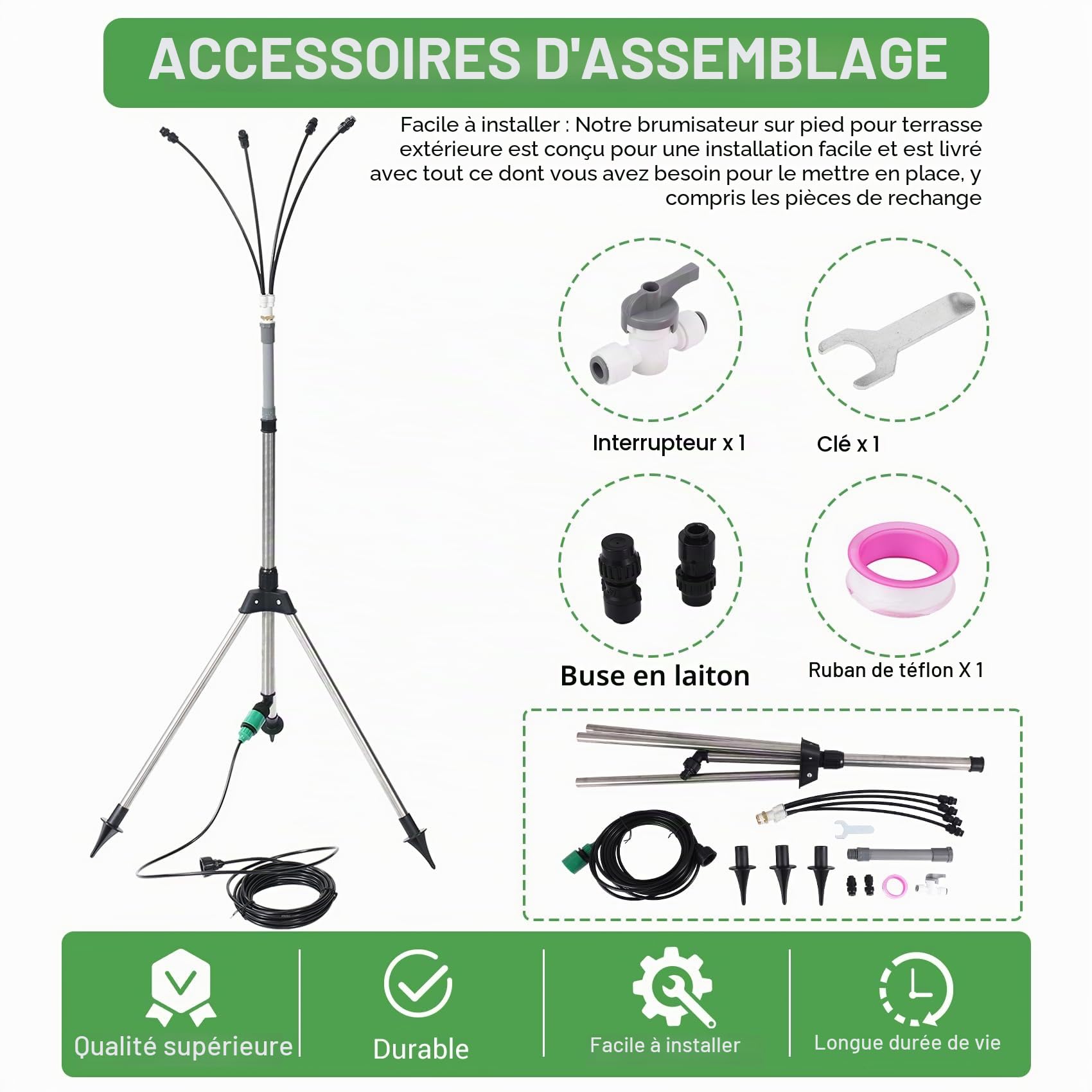 Brumisateurs Debout pour Patio Extérieur, Système de Brumisation sur Pied Réglable en Hauteur de 4,1 Pieds pour le Refroidissement Extérieur, Support Portable