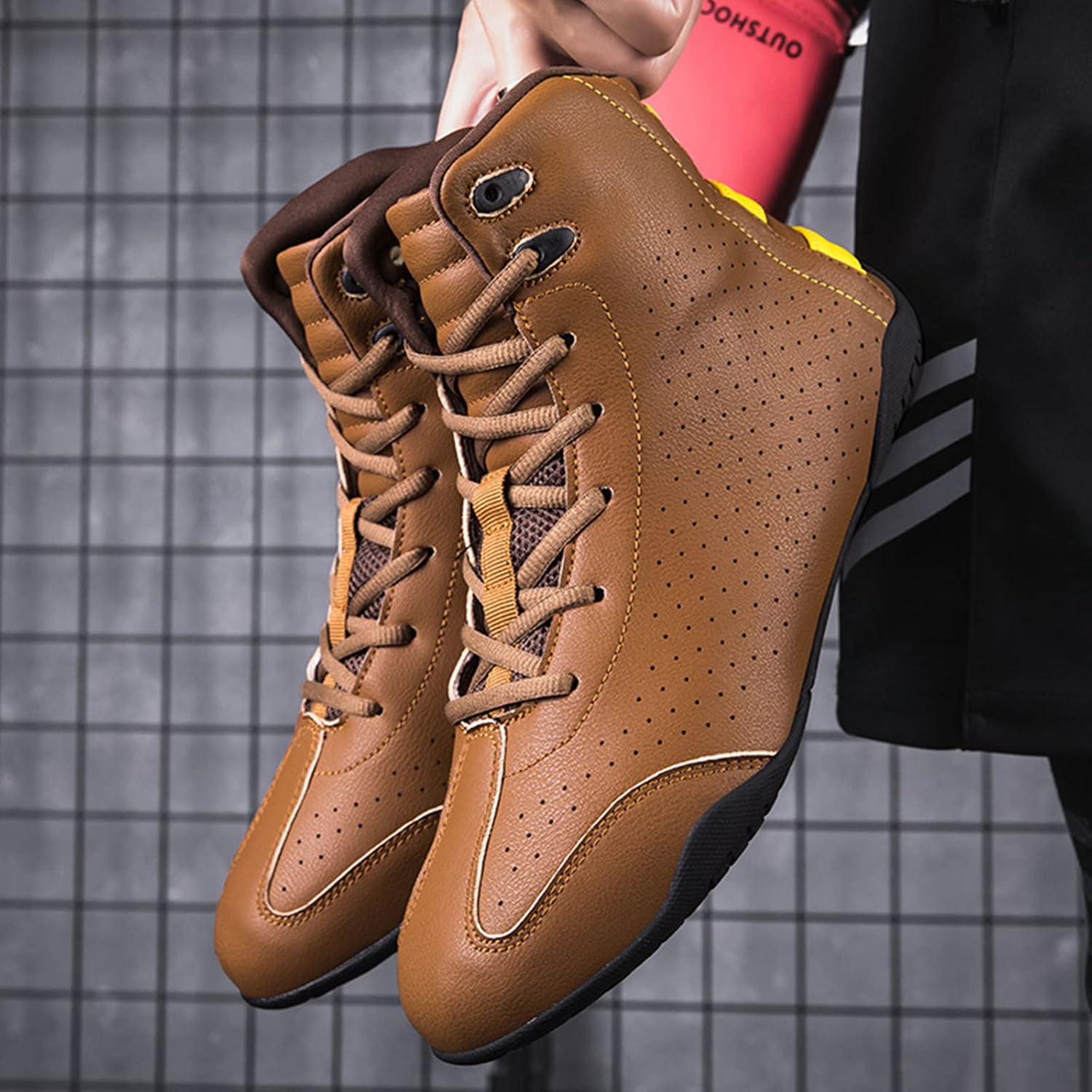 Boxing Shoes Men's Wrestling Shoes Ankle Guard Combat Training Shoes Non-Slip MMA Shoes,Brown-8.5