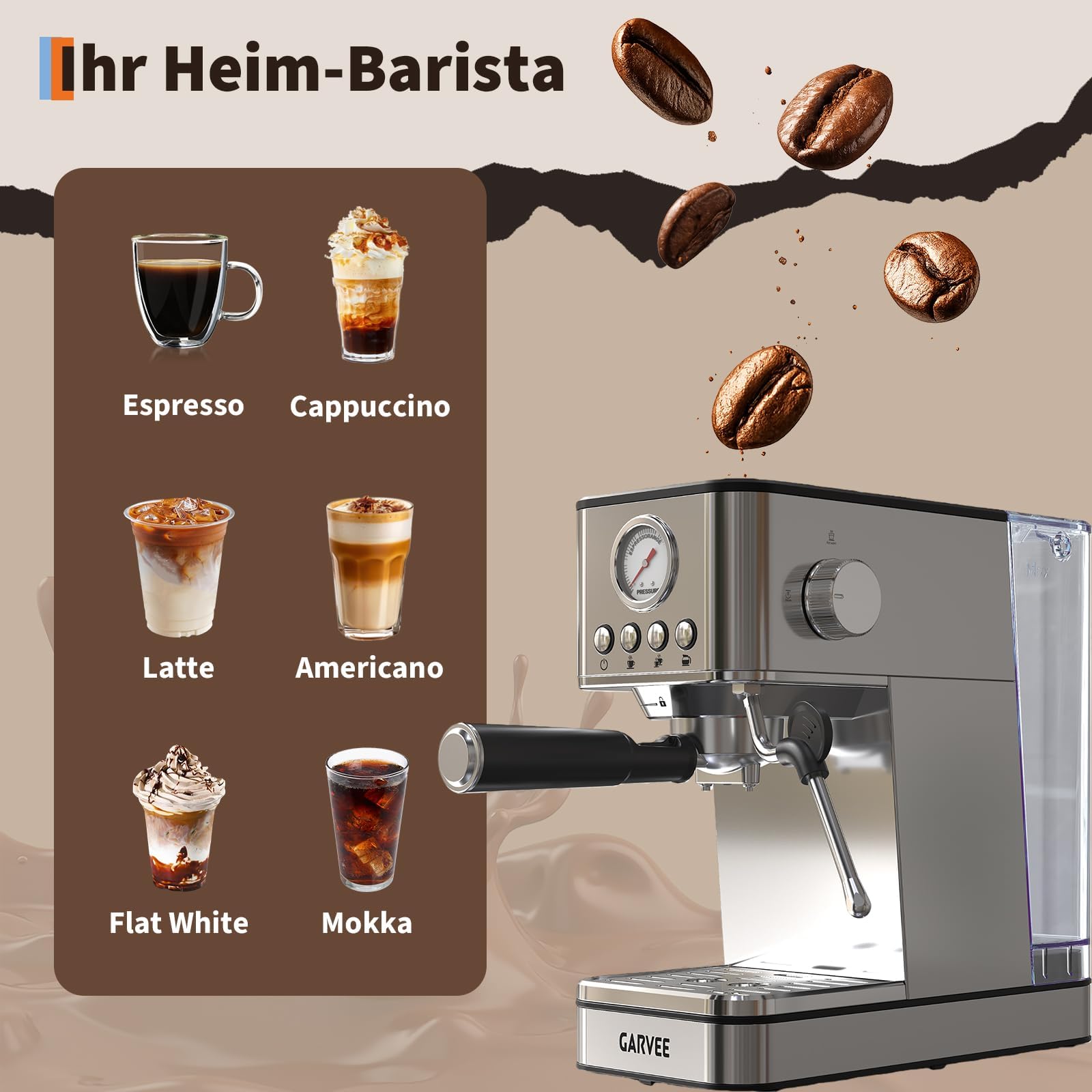 Acekool Cafetera Semiautomática 20 Bares Acero Inoxidable Diseño Europeo | Termobloque rápido, depósito 1,7L y vaporizador 360 grados.