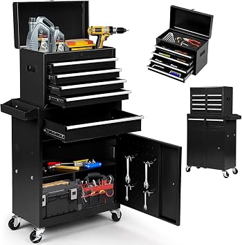 5-Drawer Rolling Tool Box with Lockable Wheels, Tool Chest with Detachable Tool Box, 4 Hooks, and Liner, Heavy-Duty Metal Tool Cart for Garage and Workshop Storage, Black