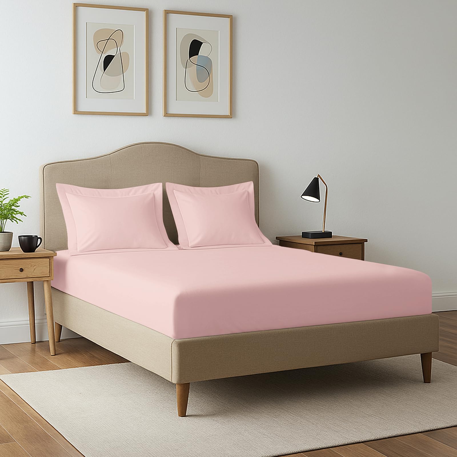 Pizuna 400 Thread Count King Size Fitted Sheet 150x200 cm with 2 Pillowcases, Light Pink, 100% Long Staple Cotton, Soft Sateen Weave, 40 cm Deep Fitted King Size Sheet — image 1
