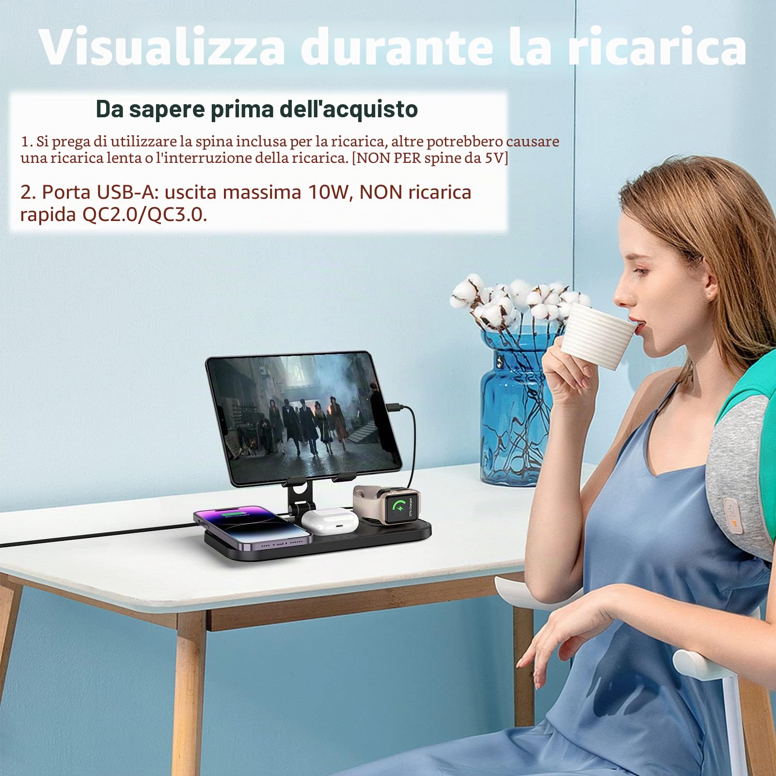 Stazione Ricarica per Apple, 4 in 1 Caricabatteria per Apple Stazione di Ricarica per iPhone 15/14/13/12/11, Dock di Ricarica per Apple Watch 8/7/6/5/SE, AirPods 3/2/Pro, Caricabatteria per iPad