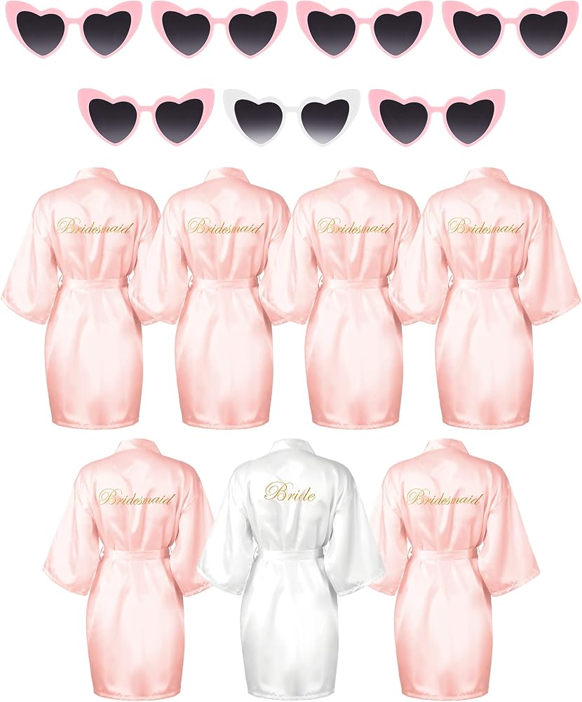 Xuhal 7 Pcs Bride Bridesmaid Robe Sets for Wedding Bridal Party Satin Robes Maid of Honor Robe with Heart Shaped Sunglasses