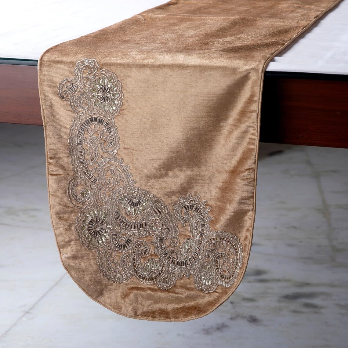 The HomeCentric Velvet Table Runner, Gold Luxury Fabric with Bead Embroidery Gold Velvet 14 x 36 inch Long, Wedding Decor Table Linen Modern Table Runner - Paisley Swirl