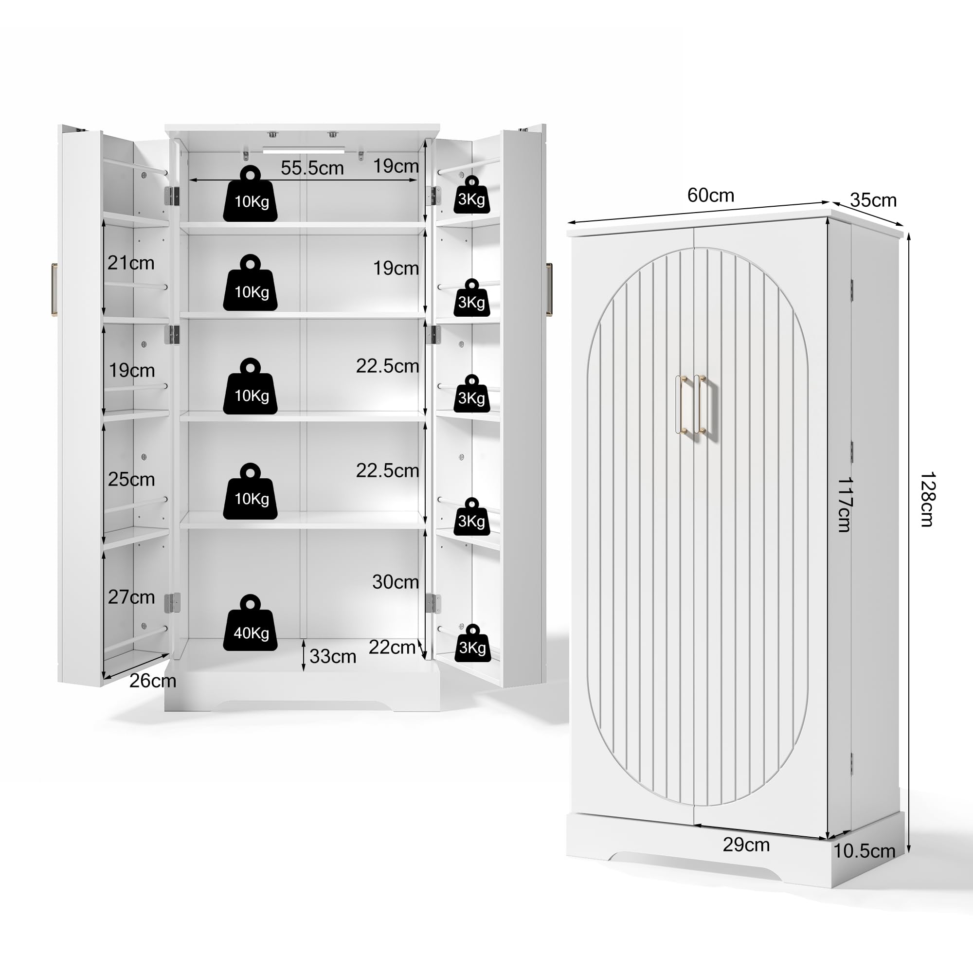 Merax Küchenschrank mit LED, Vorratsschrank mit 2-Türiger, Buffetschrank Hoch mit Höhenverstellbaren Einlegeböden, Küchenbuffet für Wohnzimmer, Küche, Esszimmer, 60×35×128cm (Weiß)