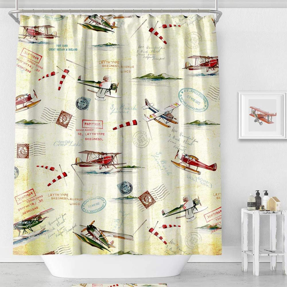 MACOFE Shower Curtain Art Print Polyester Fabric, Waterproof, Machine Washable,Hooks Included,Bathroom Decoration Original Design Hand Drawing,71x71inch (Yellow Plane)