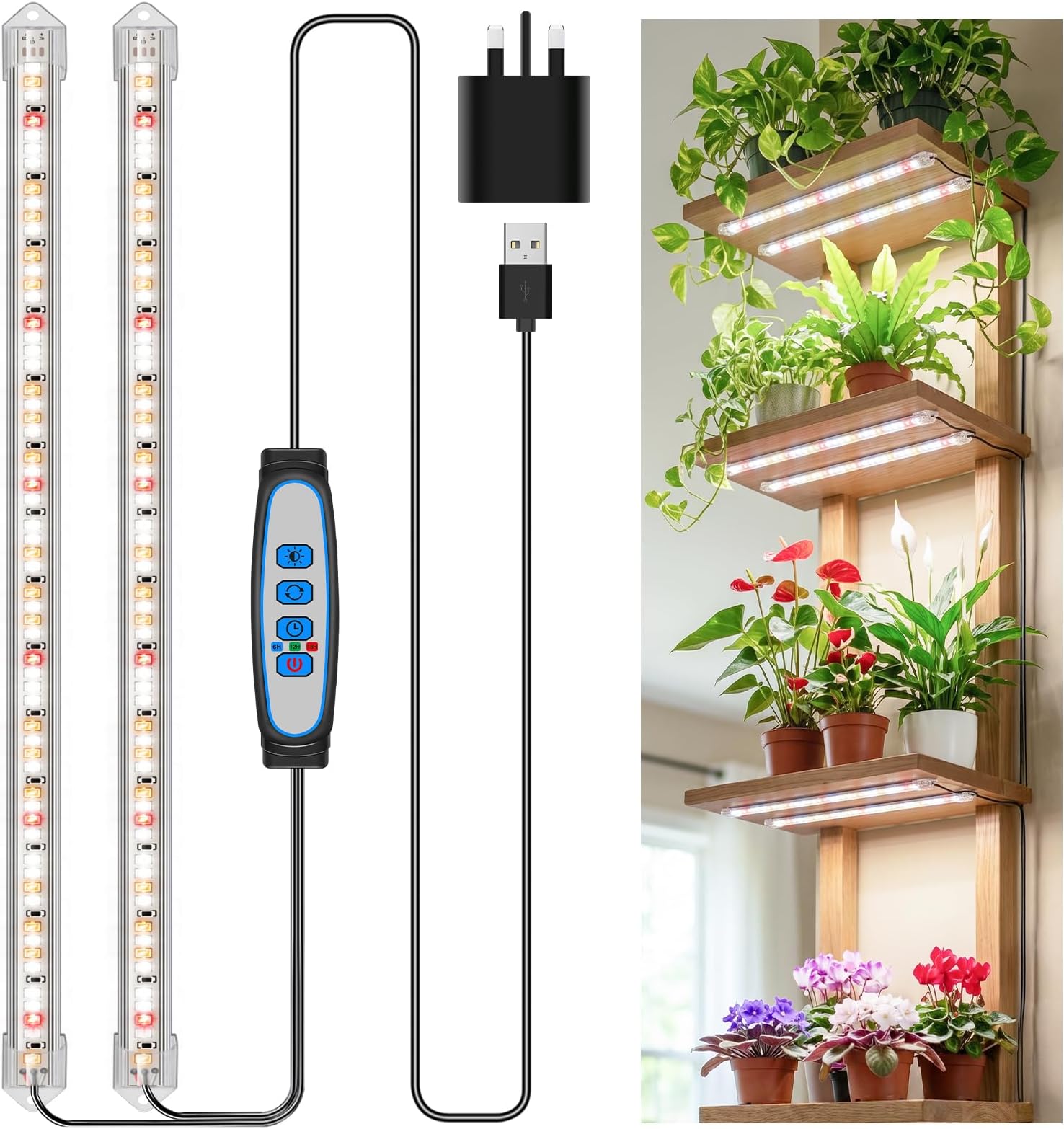 Kullsinss 40cm Grow Light Strips, 120 LEDs Full Spectrum Indoor Plant Light | 6/12/16H Auto Timer, 5 Dimmable Levels, 5V Sunlight Plant Lamp for Succulent, Seedling, Ideal for Plant Shelf Under Cabinet