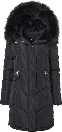 Sportoli Women Quilted Long Winter Coat Fur Trim Plush Lined Hood Puffer Jackets