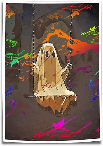 Miniatura 6 de Lienzo decorativo para pared de fantasma, divertido póster de fantasma en columpio de bosque, impresión artística de Halloween (18 x 12 pulgadas,