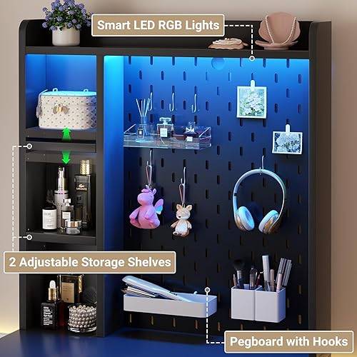 Miniatura 3 de Escritorio pequeño de tocador con aparador y cajones, escritorio de tocador de maquillaje negro con estación de carga, mesa de tocador con luces