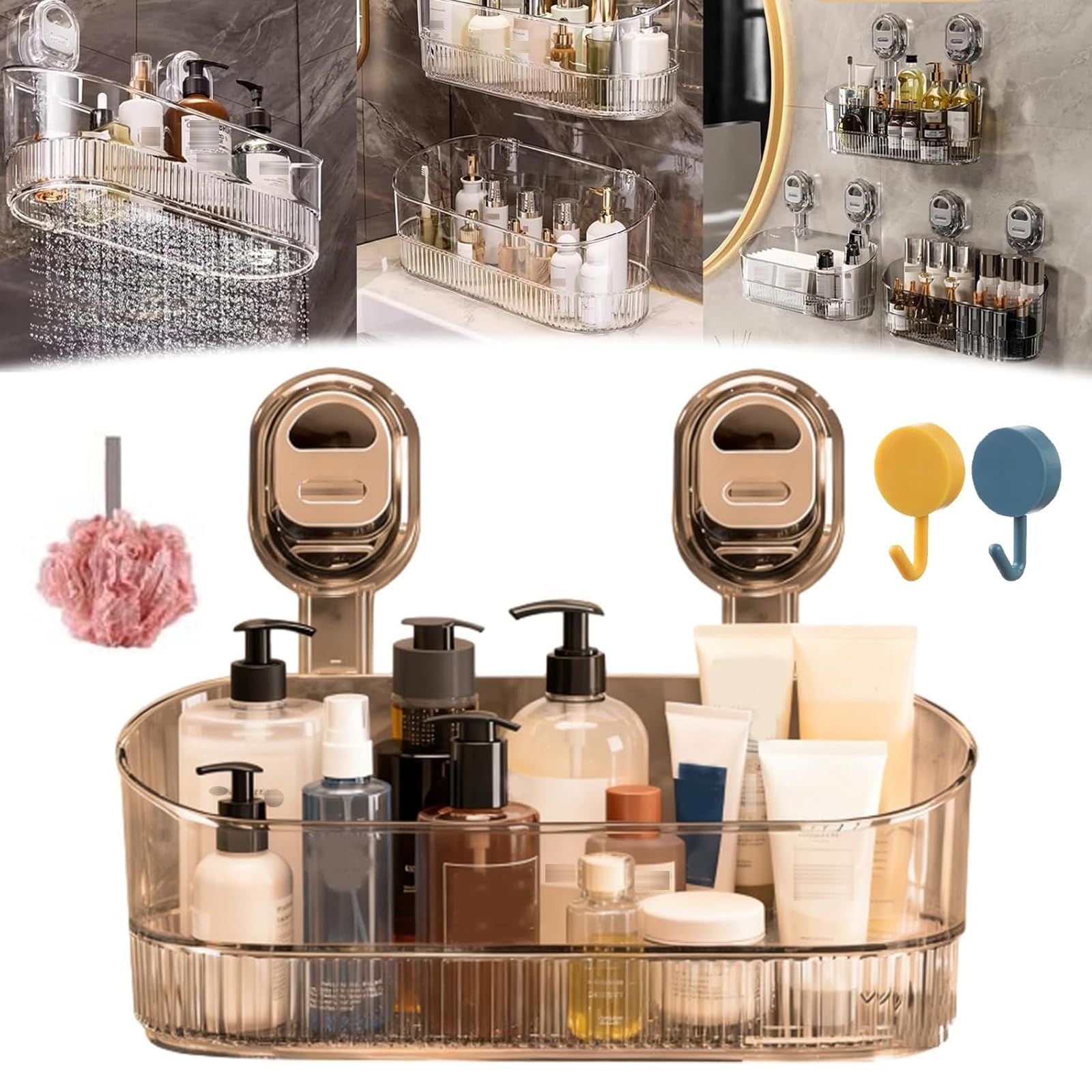 vlrbfl No-Drill Bathroom Suction Storage Box Shelf Rack Large Capacity Strong Load-Bearing Wall Mount Shower Shelves Suction Cup