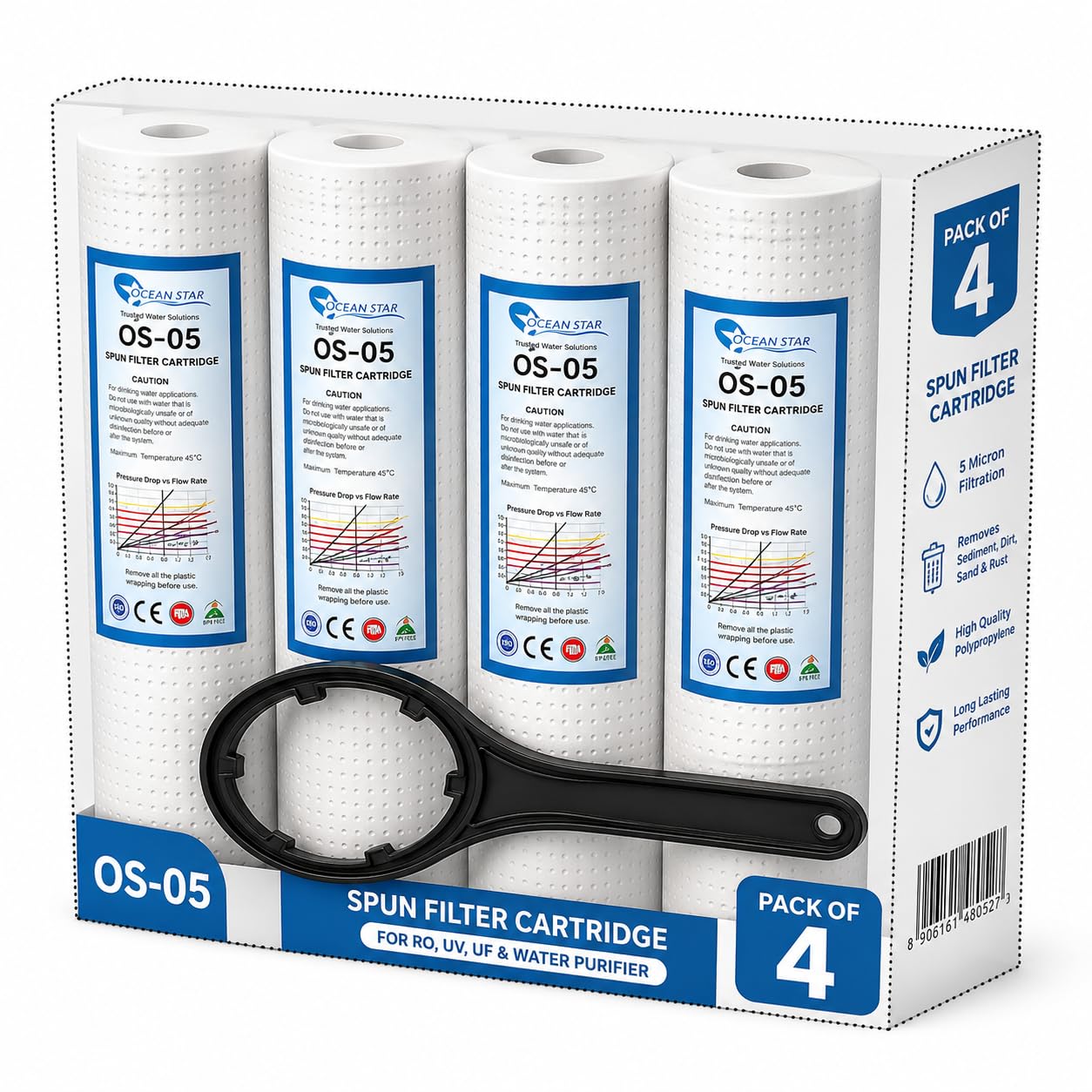 Item Name: Ocean Star 10 Inch Spun Filter Cartridge 5 Micron with Housing Spanner | PP Sediment Water Filter for RO, UV, UF & Whole House Water Purifier | Removes Sand, Dirt, Rust & Dust Pack of 4-image-1
