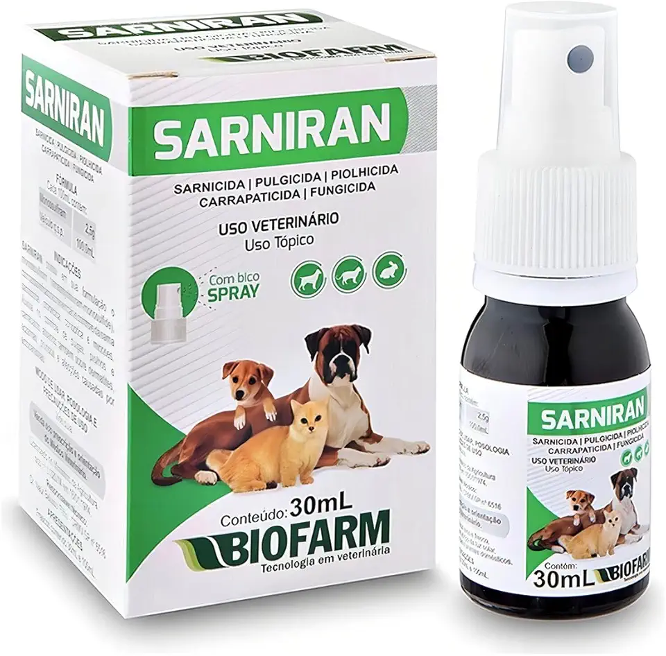 Sarniran Spray Veterinário, Tratamento Tópico Sarnicida Pulguicida Carrapaticida Fungicida para Cães e Gatos (30ml)
