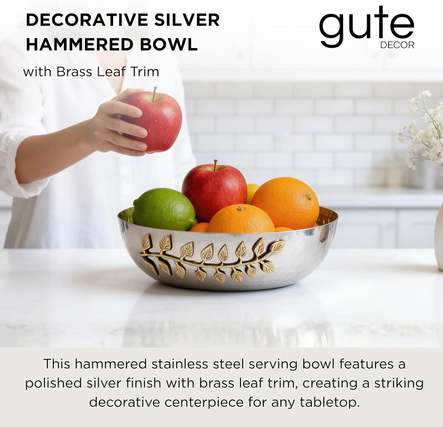 Decorative Silver Hammered Bowl, 10" Polished Stainless Steel Brass Leaf Trim Vine Accent Fruit Holder Organizer Basket, Tabletop Centerpiece Display Dish, Kitchen Living Room Home Decor Wedding Gift