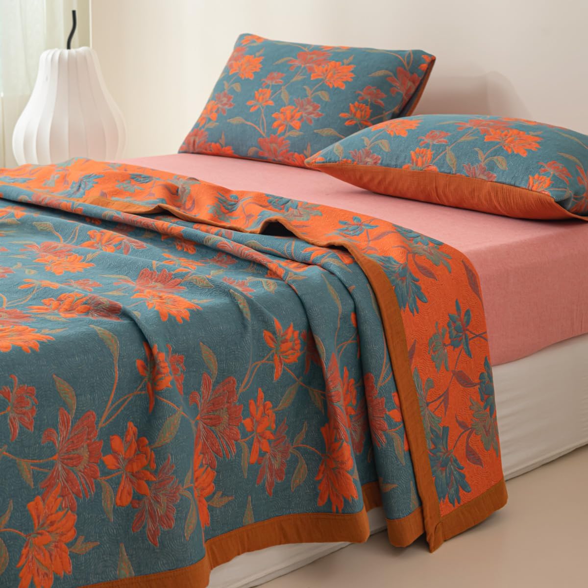 100% Cotton Muslin Blanket Jacquard Floral Flowers Bloosom Print Quilt, Soft Bed Cover 3 Layers Reversible Bedspread Coverlet Breathable Lightweight Bedding Twin(59"x94"), No Pillow Sham - Image 4