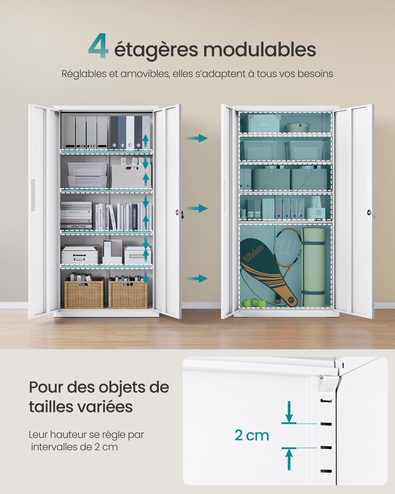 SONGMICS Meuble de Rangement Bureau, en Acier, Placard, 5 Niveaux, 40 x 80 x 180 cm, Doubles Portes, Serrure, Armoire à Outils, Étagères Réglables, pour Garage, Bureau, Blanc Mat OMC015W01