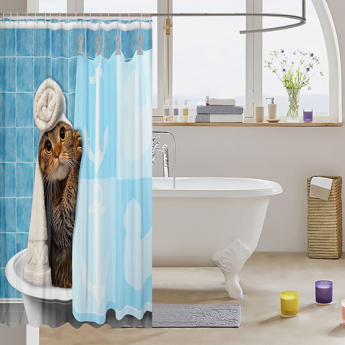 Cat Shower Curtain Cute Animal Bath Curtain Funny Bathtub Takes Bath Pattern Ship Anchor Nautical Shower Curtain Clawfoot Tub Decor Novelty Pet Bathroom Decor for Little Cat Lover 72"Wx78"L image 3