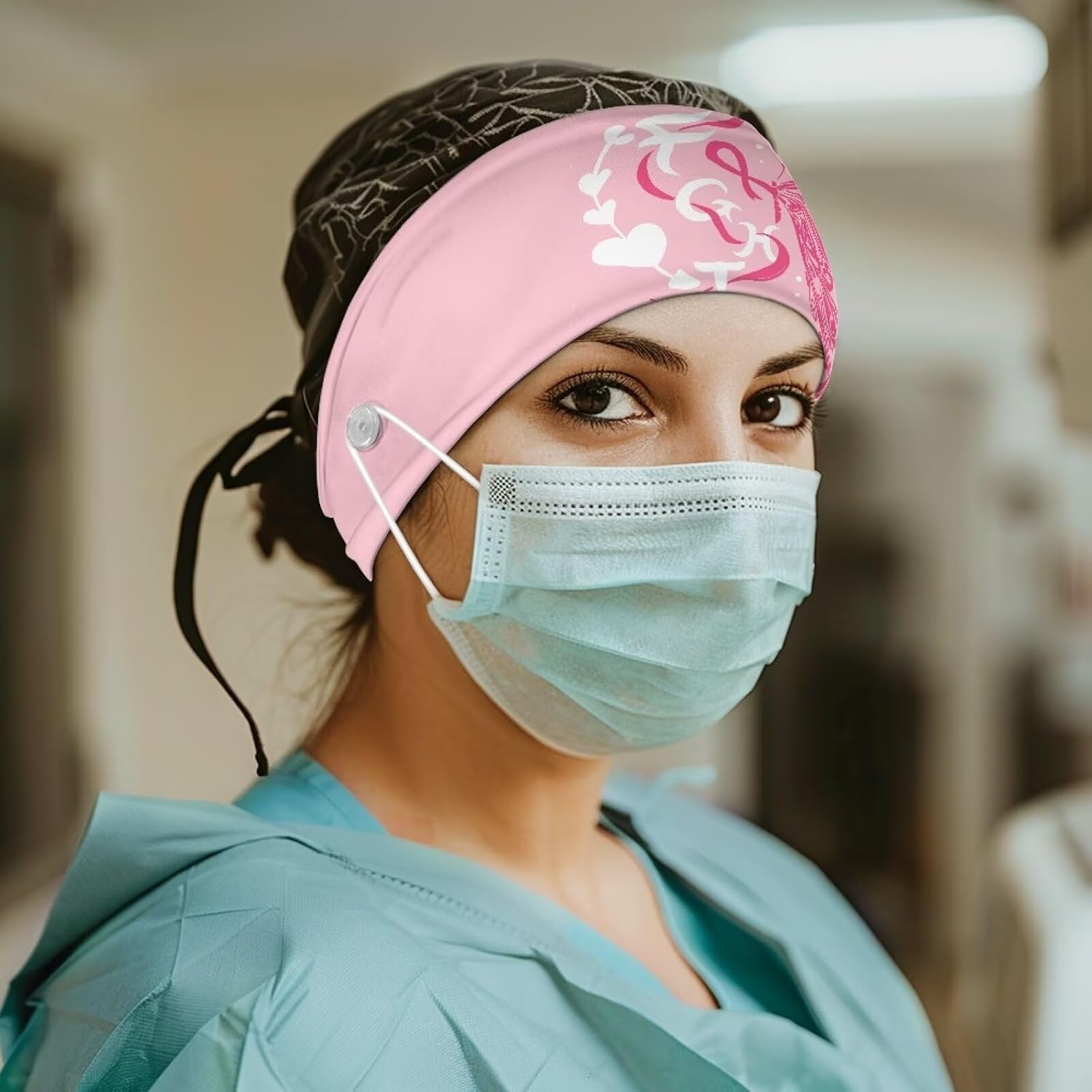 Rnyleeg Pink Nurse Headbands for Women with Buttons for Mask Breast Cancer Butterfly Printed Sweatband Head Wraps for Work Sports Yoga Spa Reusable Hair Accessories image 2