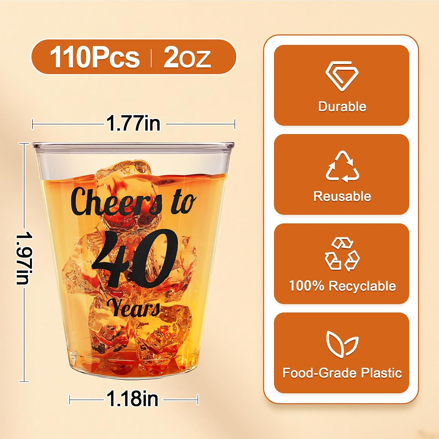 Kzeirm (110 Pack) Cheers to 40 Years 2oz Shot Glasses Disposable Cups, 40th Birthday Party Favors for Her and Him Women Men, Anniversary Wedding Decorations (Black, Cheers to 40 Years)