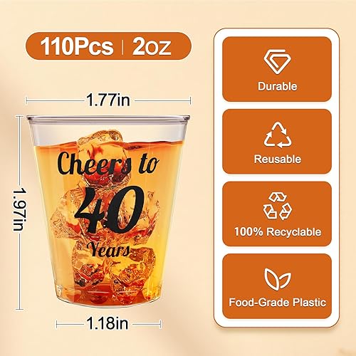Miniatura 5 de Paquete de 110 vasos desechables de 2 onzas, regalos de fiesta de cumpleaños 40 para ella y él, mujeres y hombres, decoraciones de aniversario de