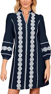 Women's Embroidered Lace Floral Tunic Dress 3/4 Puff Sleeve V Neck Mini Dress with Pockets Navy Blue