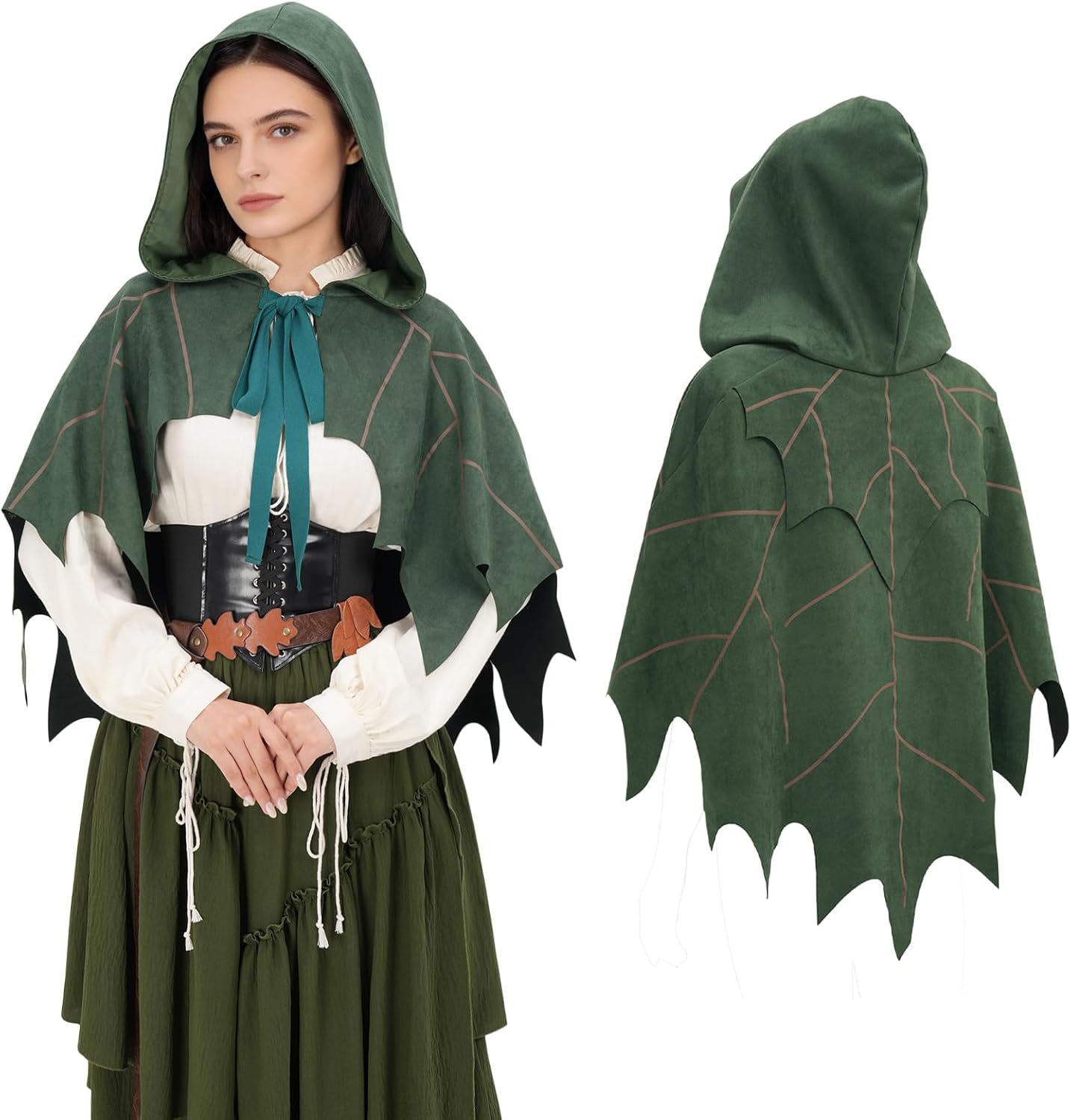 Medieval Hooded Cowl Short Cape Fantasy Leaf Shaped Cloak with Lined Hood