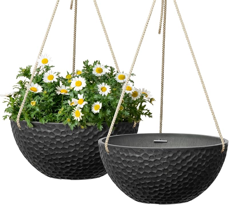 LA JOLIE MUSE Jardineras colgantes para plantas de exterior, juego de 2, 10 pulgadas | Acabado en negro mate, cestas colgantes y macetas para plantas de exterior, maceteros decorativos para ventana, porche, jardín
