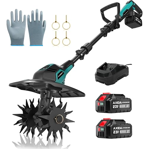 20V Cordless Garden Tiller Cultivator with 2 * 4.0Ah Batteries & Charger 360RPM Electric Tiller with 4 Steel Tines,9in Tilling Width＆6.6in Depth Garden Rototiller for Lawn/Gardening/Soil Cultivation