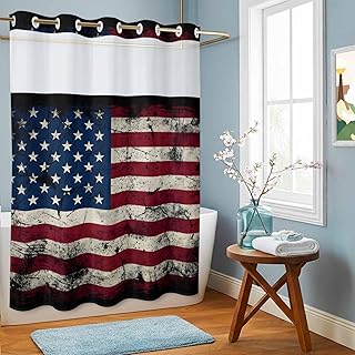 No Hook Shower Curtain, Vintage American Flag Waterproof Shower Curtains See Through Top Window, Shabby Red White Blue Stripe Star Hotel Luxury Bathroom Curtain 48x72in