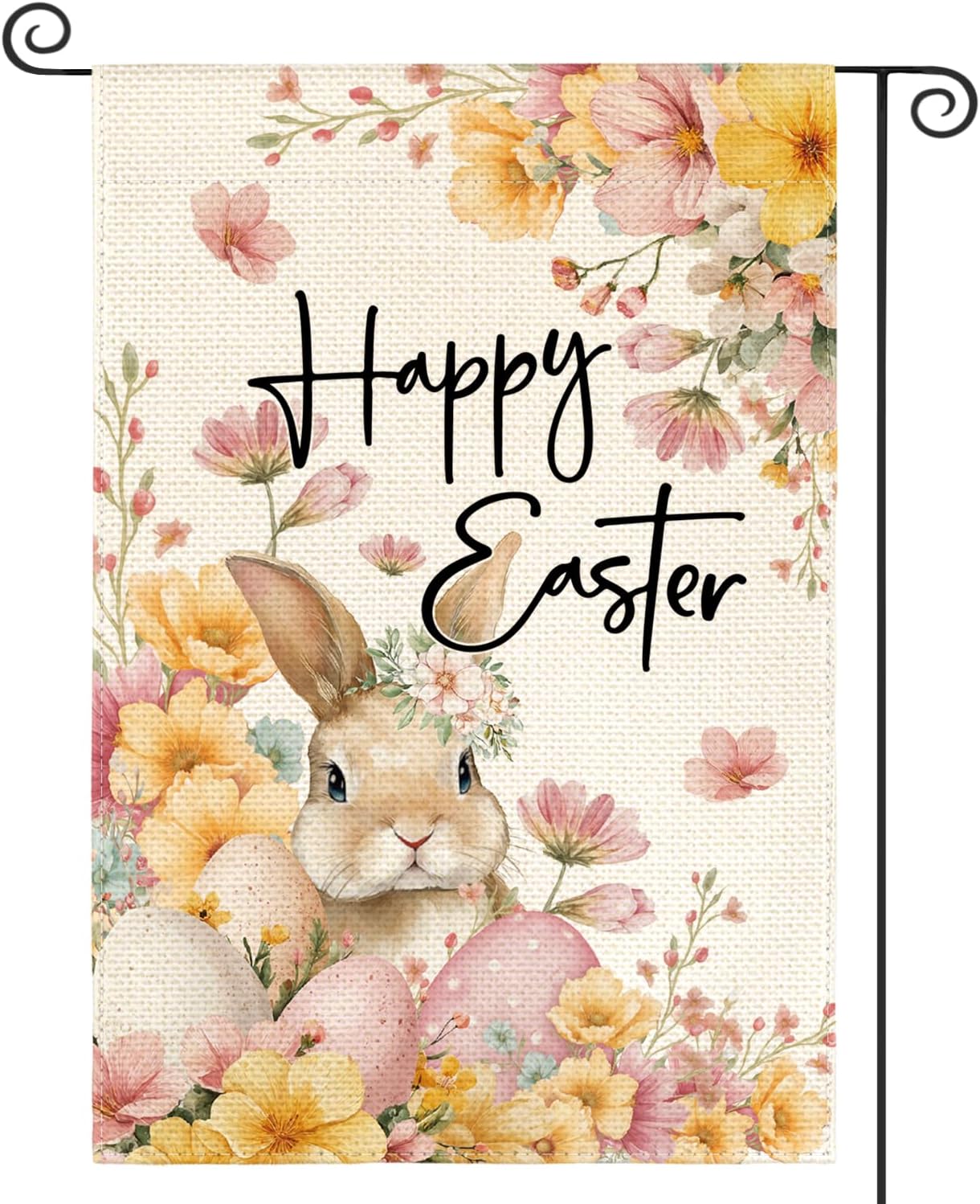 AVOIN colorlife Floral Happy Easter Garden Flag 12x18 Inch Double Sided Outside, Bunny Rabbit Eggs and Flowers Yard Outdoor Flag